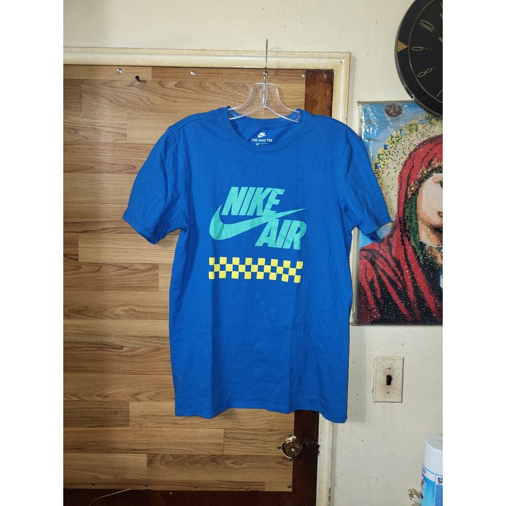 NIKE Futura Checks T-Shirt Blue Nebula Yellow Max Size Small
